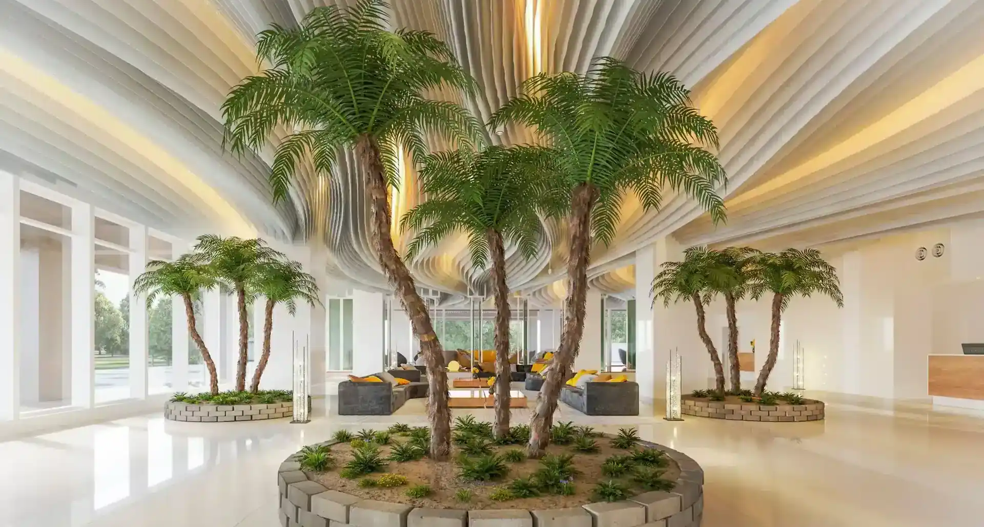 Kunstpalme XXL im modernen Foyer — täuschend echte künstliche Palme von ArtTree